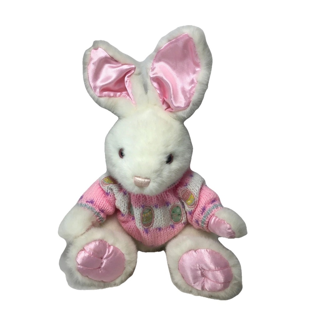 Vintage Kids of America White Easter Bunny Plush Sweater Satin Ears 15"